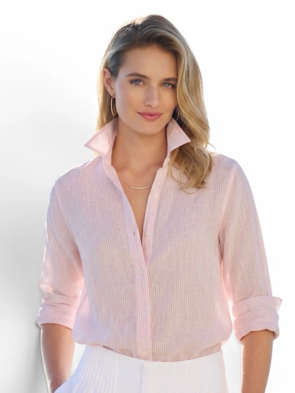 Lafayette 148 Womens Linen Pink Pin Stripe Long Sleeve Button Up Shirt Top Sz M - Picture 2 of 10